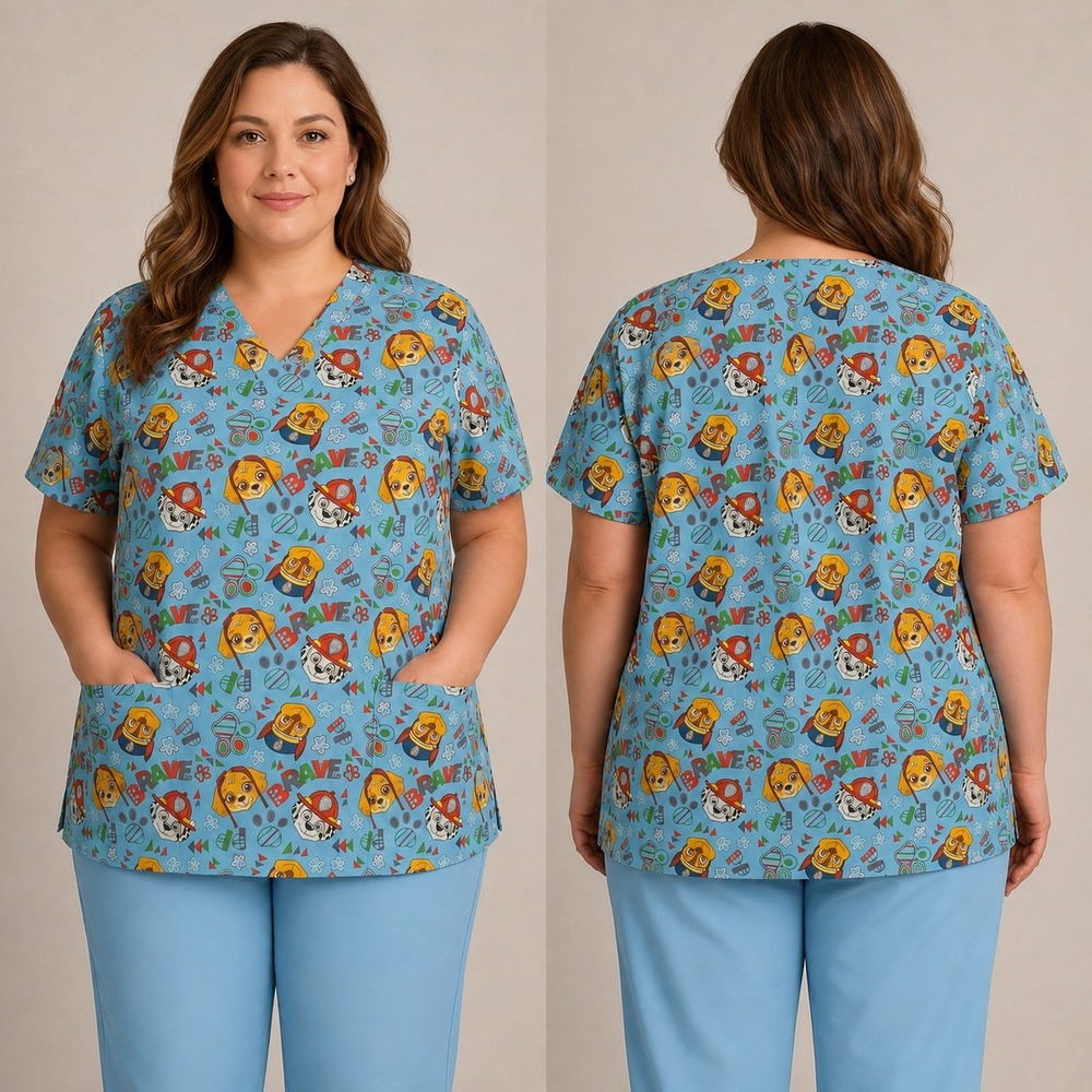 Nickelodeon Paw Patrol Scrub Top Womens 2X Blue Character Print V-Neck Cotton
